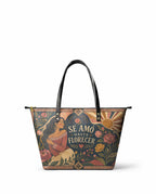 "Se amó hasta florecer" ver.1 Leather Tote Bag - front view | Paleta Bags