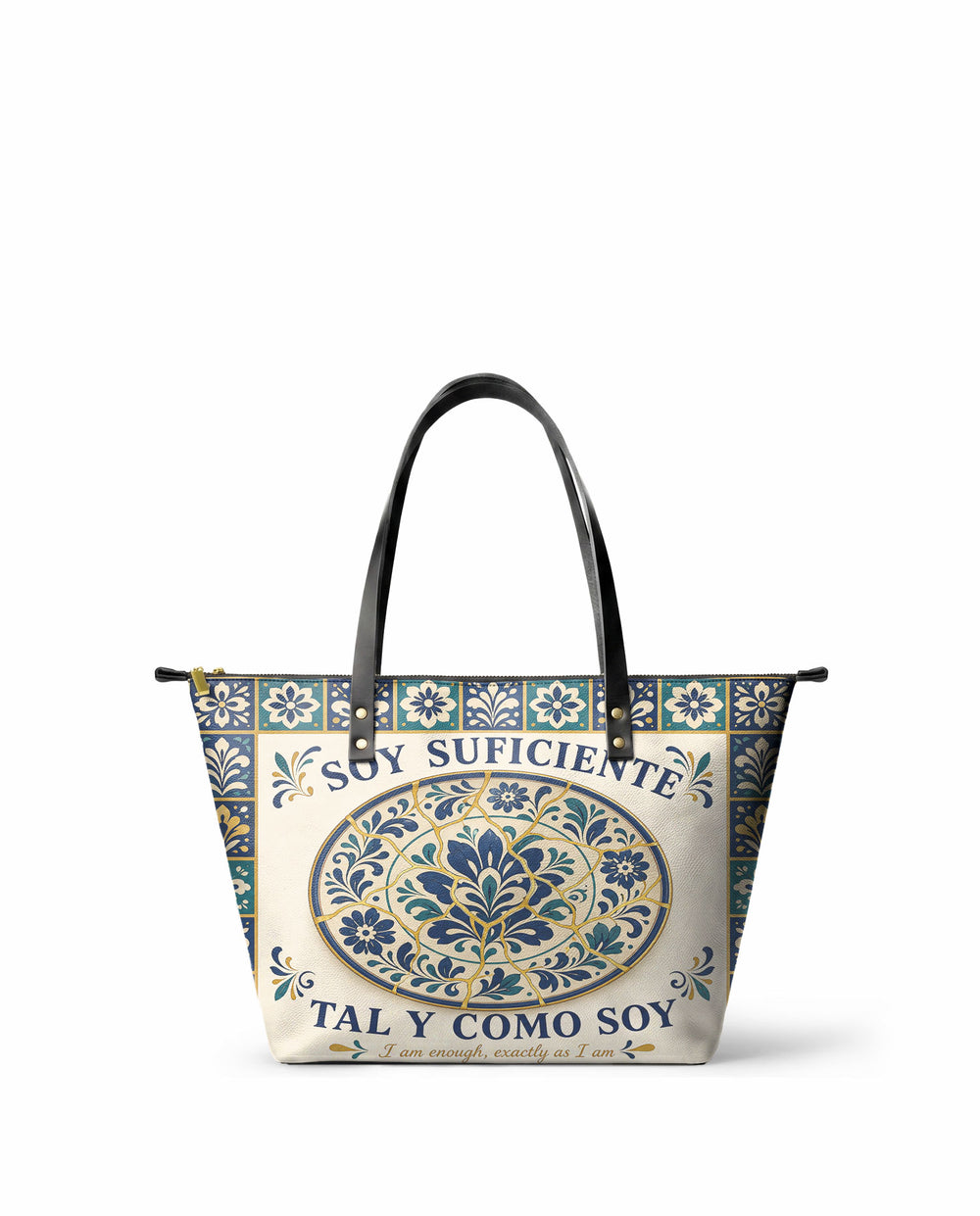 "Soy suficiente, tal y como soy" ver.8 Leather Tote Bag - front view | Paleta Bags