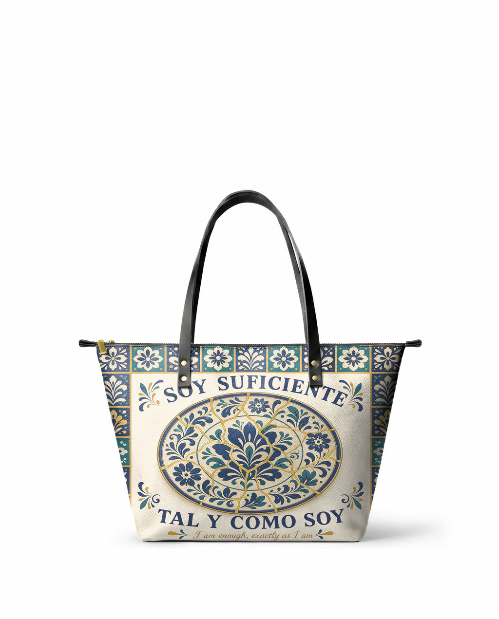 "Soy suficiente, tal y como soy" ver.8 Leather Tote Bag - front view | Paleta Bags