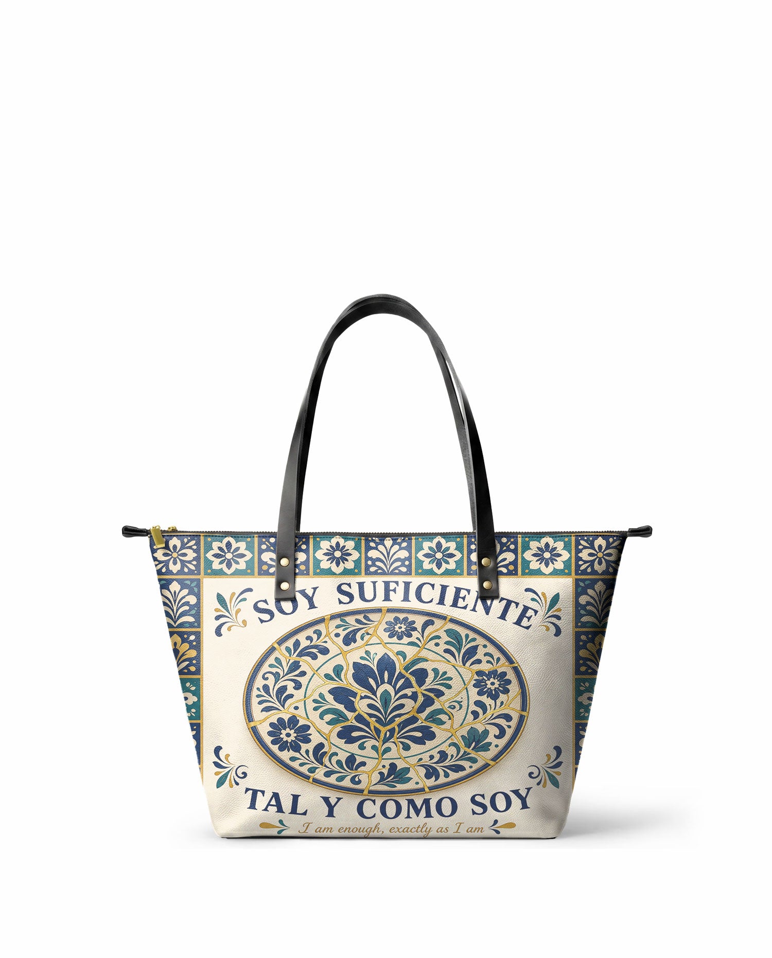 "Soy suficiente, tal y como soy" ver.8 Leather Tote Bag - front view | Paleta Bags