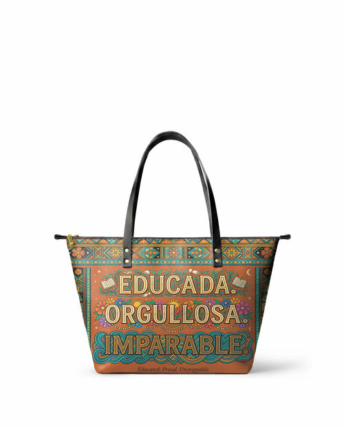 "Educada. Orgullosa. Imparable" ver.1 Leather Tote Bag - front view | Paleta Bags