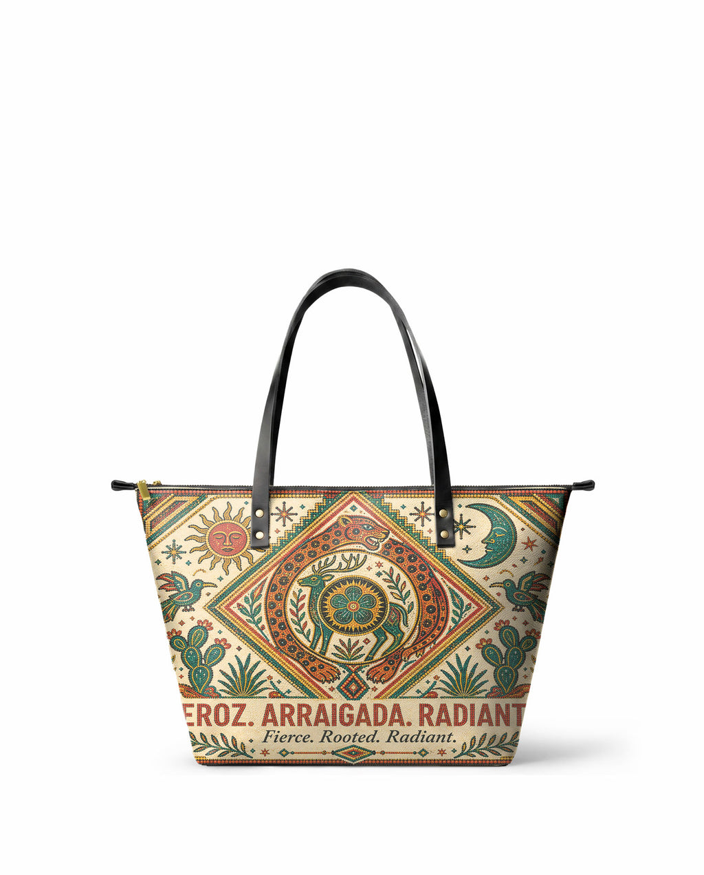 "Feroz. Arraigada. Radiante" ver.2 Leather Tote Bag - front view | Paleta Bags