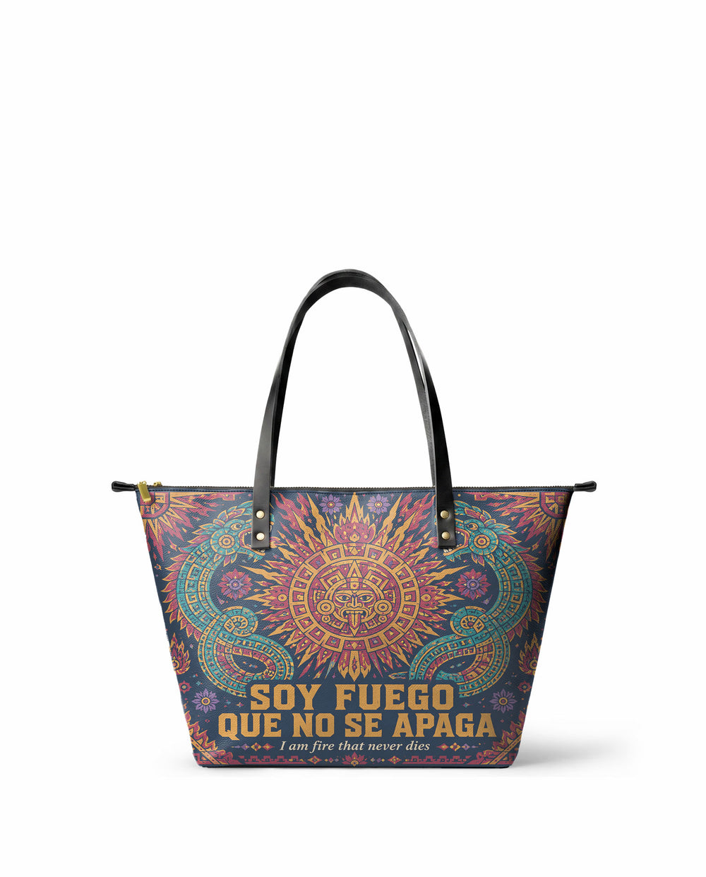 "Soy fuego que no se apaga" ver.3 Leather Tote Bag - front view | Paleta Bags