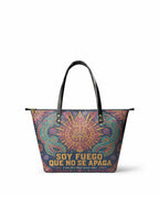 "Soy fuego que no se apaga" ver.3 Leather Tote Bag - front view | Paleta Bags