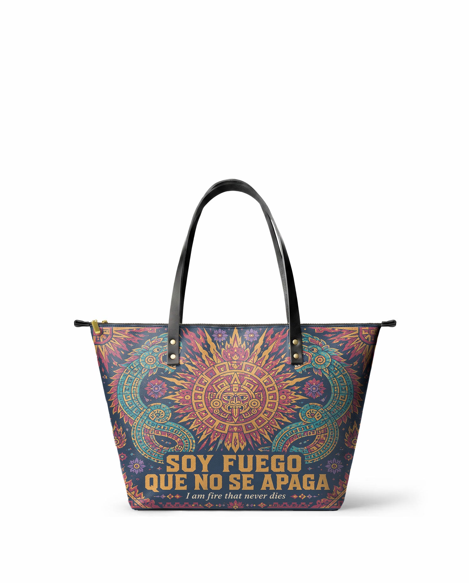 "Soy fuego que no se apaga" ver.3 Leather Tote Bag - front view | Paleta Bags