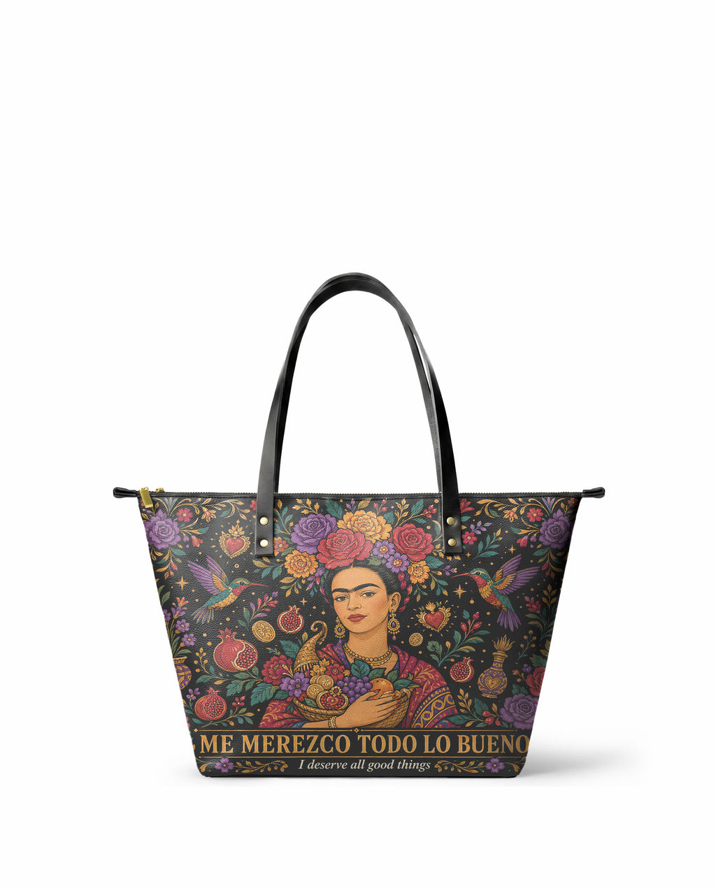 "Me merezco todo lo bueno" ver.1 Leather Tote Bag - front view | Paleta Bags