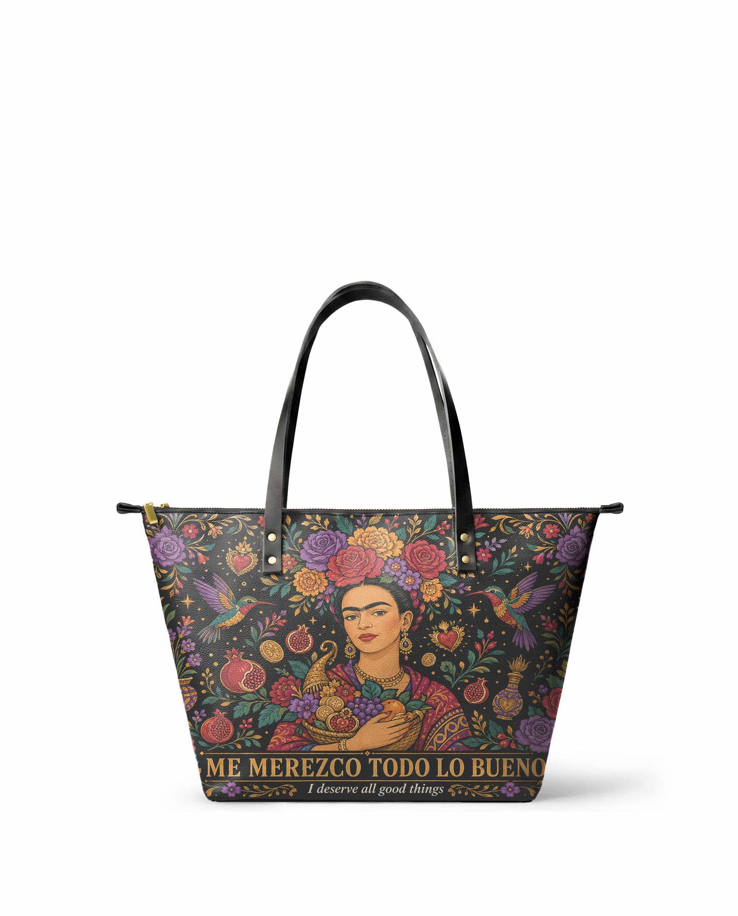 "Me merezco todo lo bueno" ver.1 Leather Tote Bag - front view | Paleta Bags