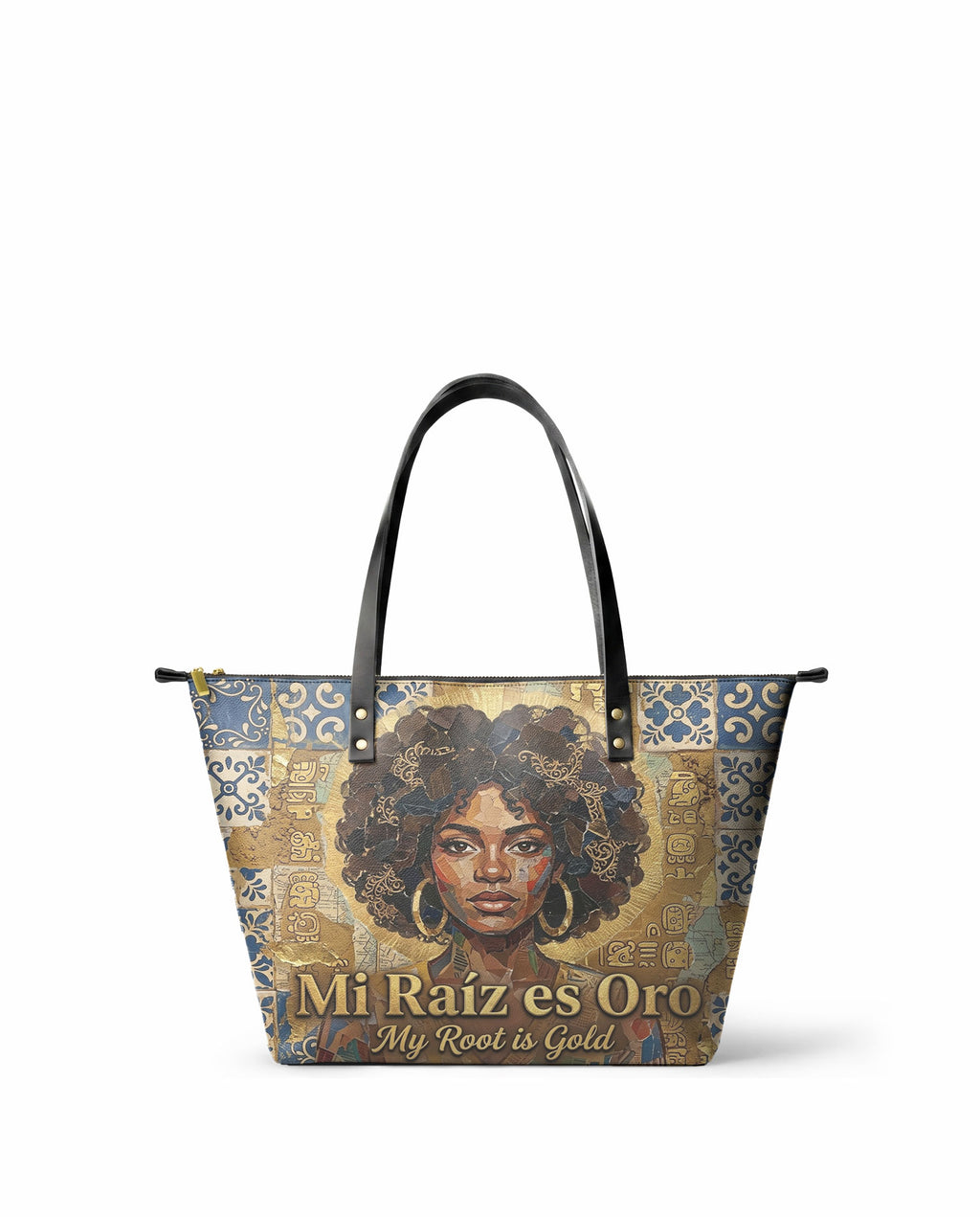 "Mi Raíz es Oro" ver.3 Leather Tote Bag - front view | Paleta Bags