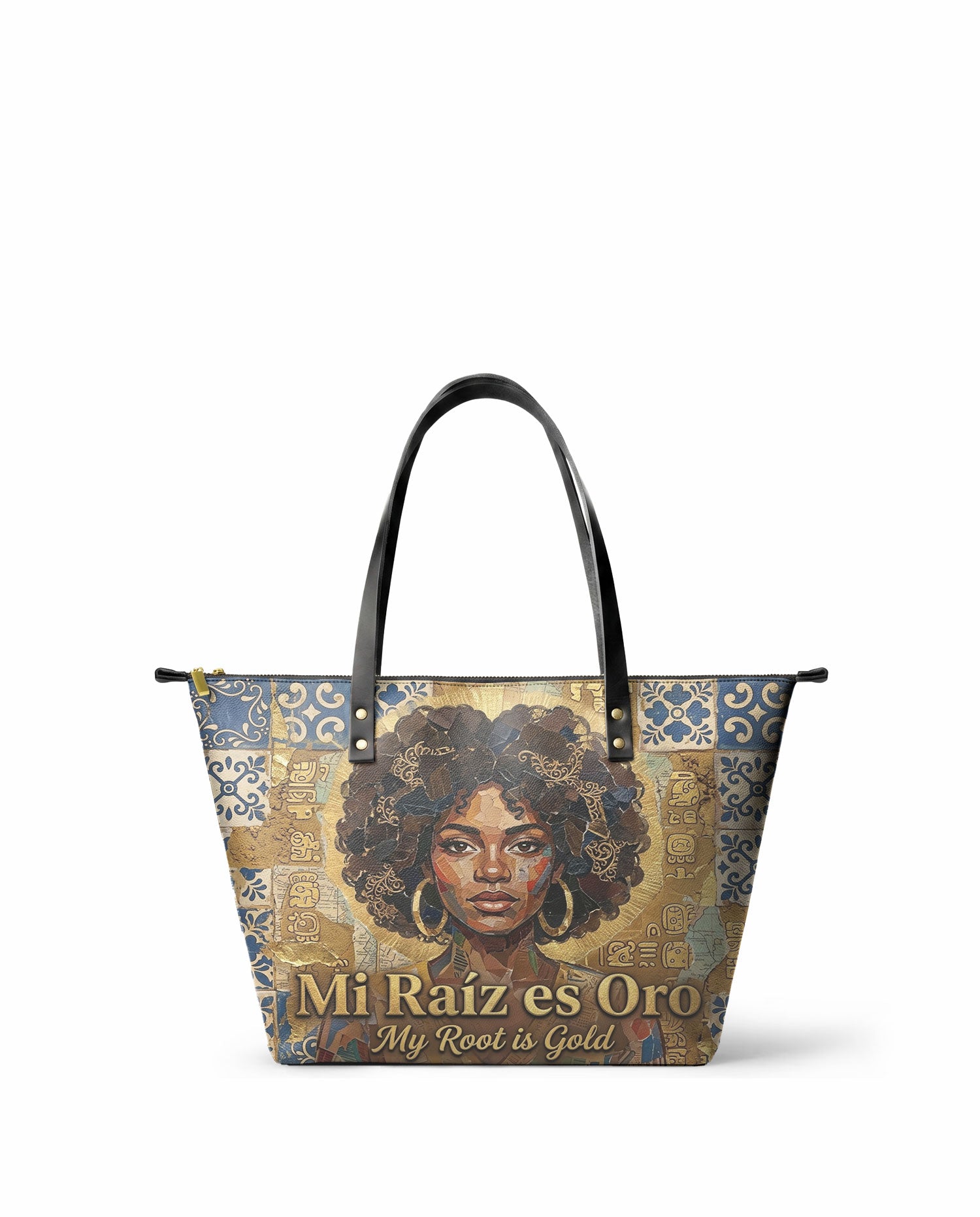 "Mi Raíz es Oro" ver.3 Leather Tote Bag - front view | Paleta Bags