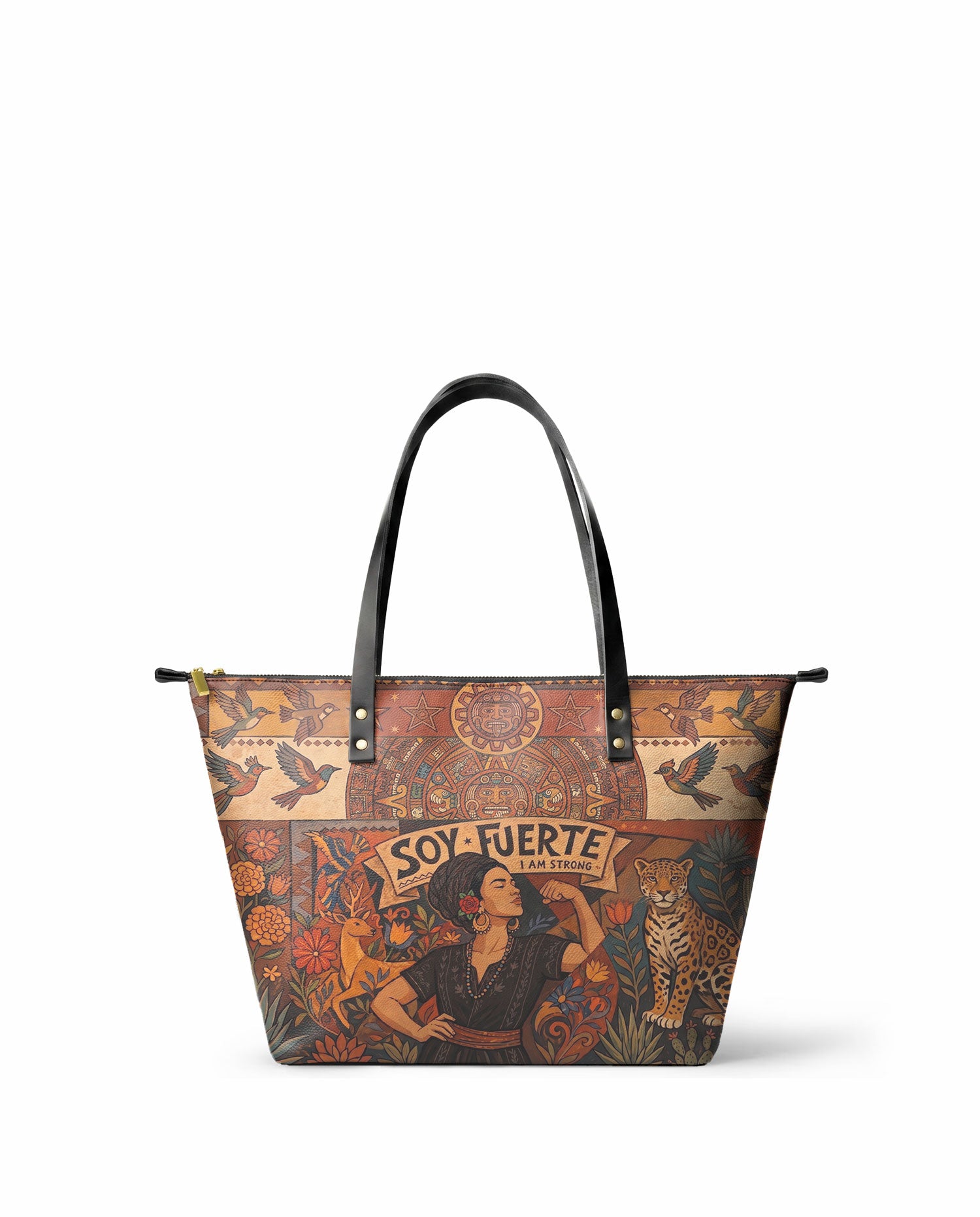 "Soy Fuerte" ver.1 Leather Tote Bag - front view | Paleta Bags