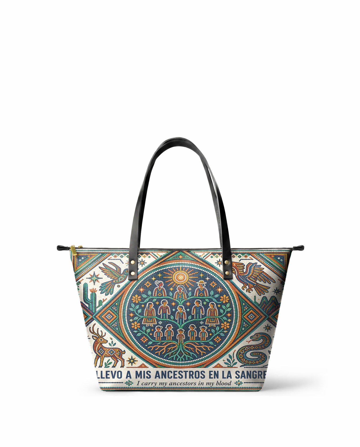 "Llevo a mis ancestros en la sangre" ver.4 Leather Tote Bag - front view | Paleta Bags