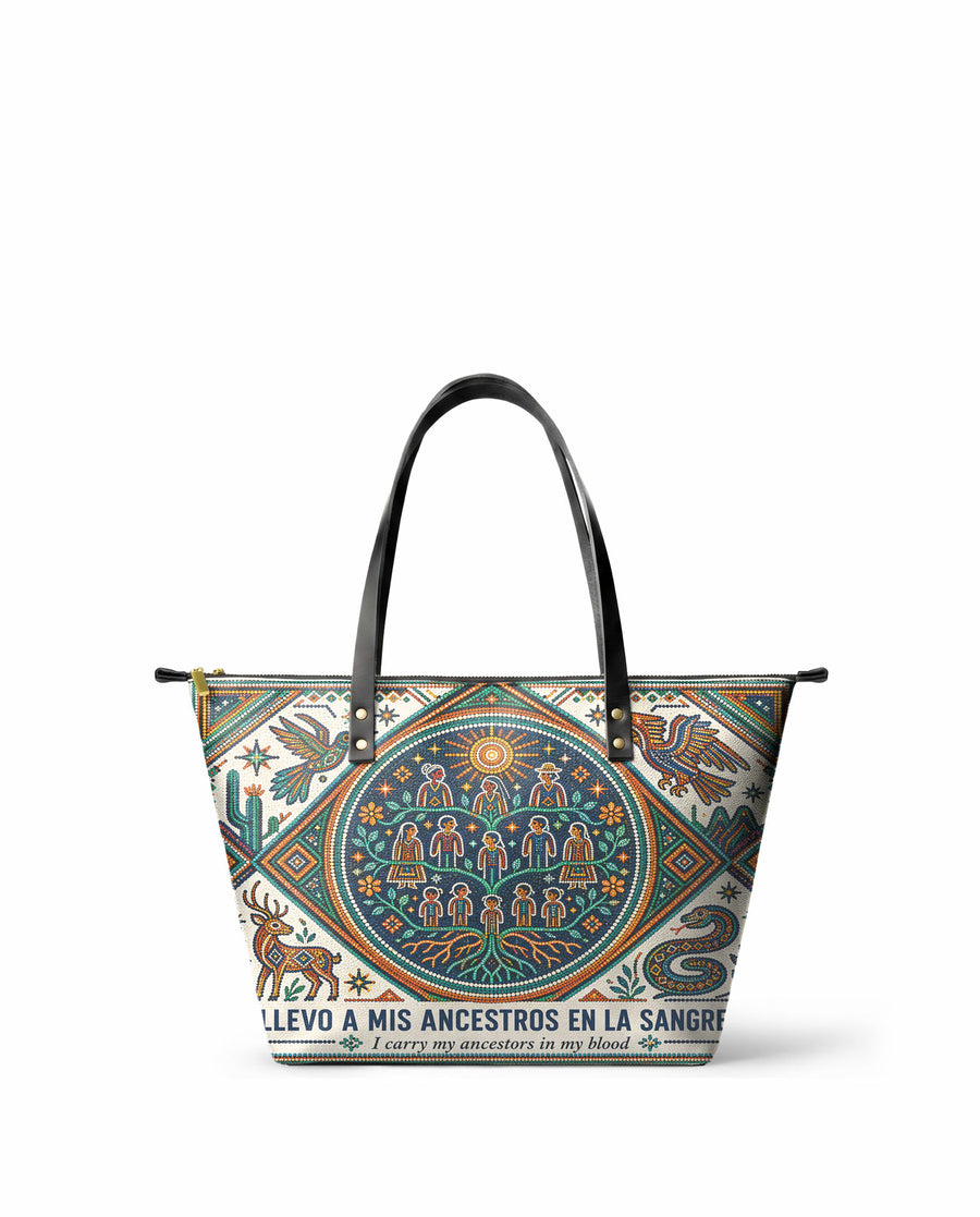 "Llevo a mis ancestros en la sangre" ver.4 Leather Tote Bag