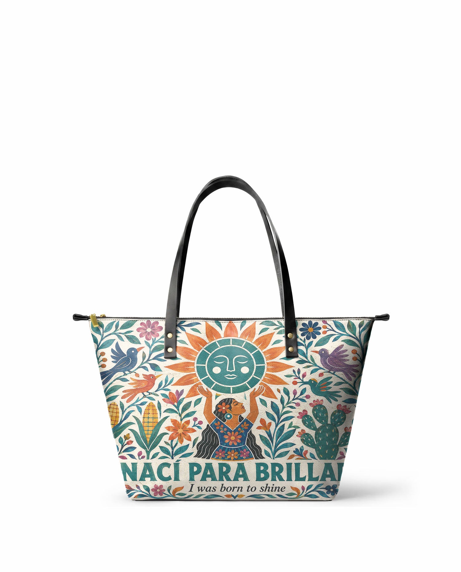 "Nací para brillar" ver.2 Leather Tote Bag - front view | Paleta Bags