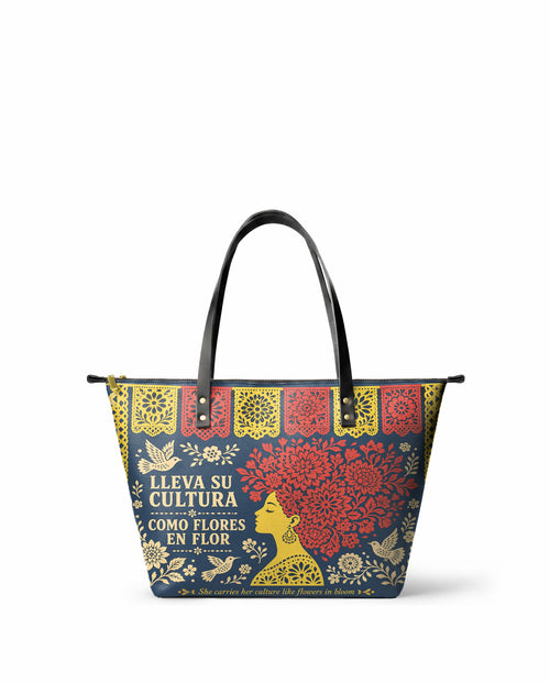 "Lleva su cultura como flores en flor" ver.2 Leather Tote Bag - front view | Paleta Bags