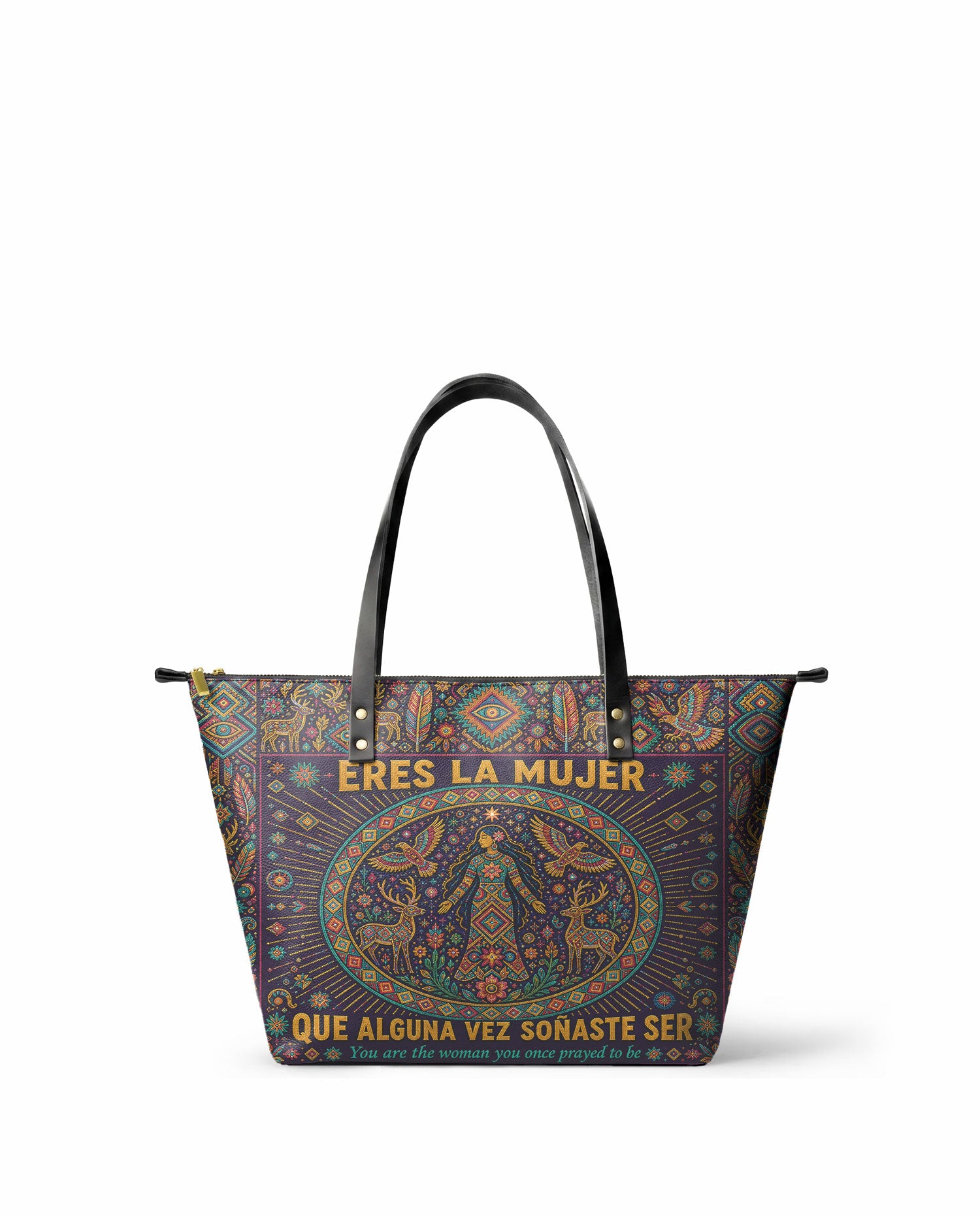 "Eres la mujer que alguna vez soñaste ser" ver.8 Leather Tote Bag - front view | Paleta Bags