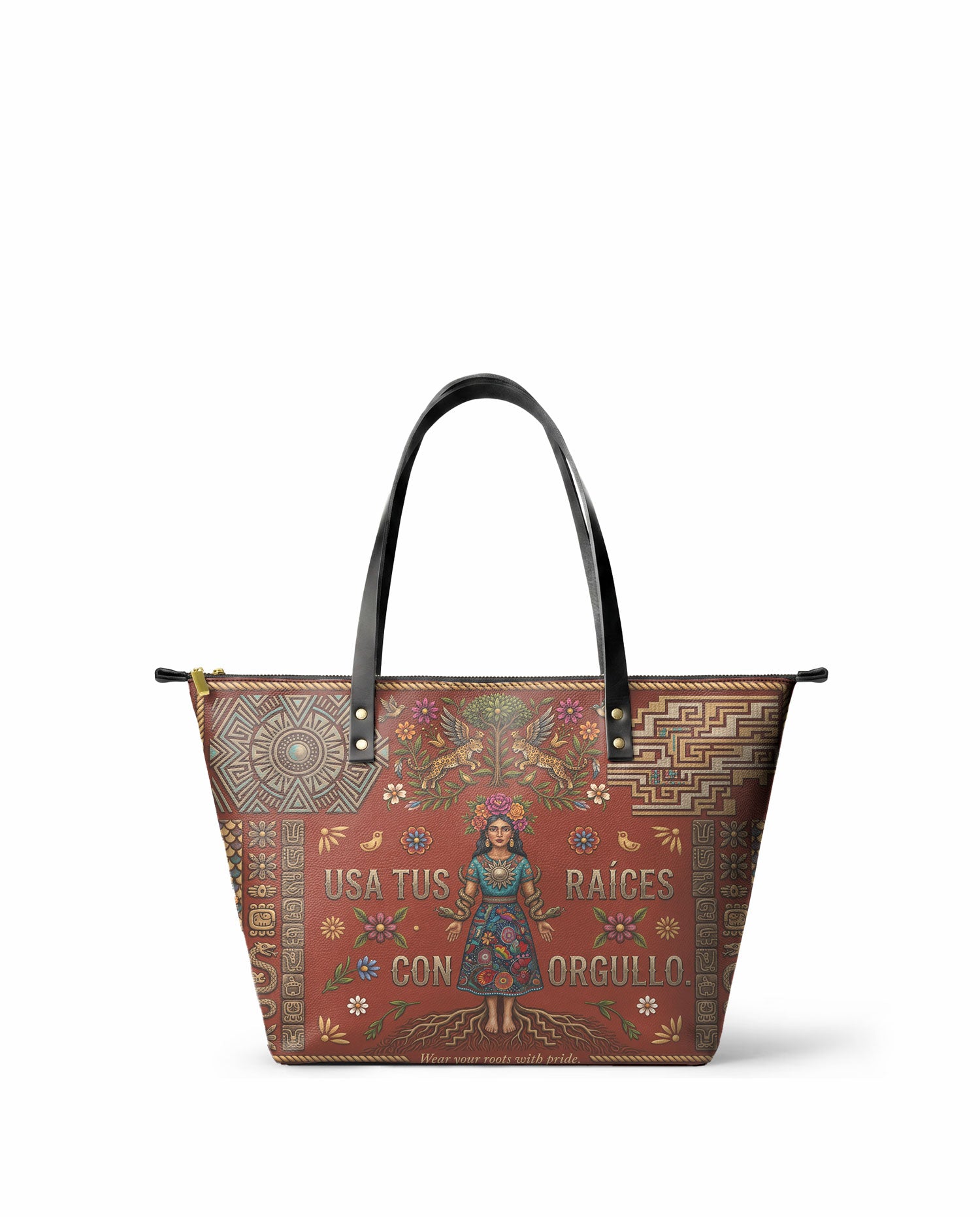 "Usa tus raíces con orgullo" ver.2 Leather Tote Bag - front view | Paleta Bags