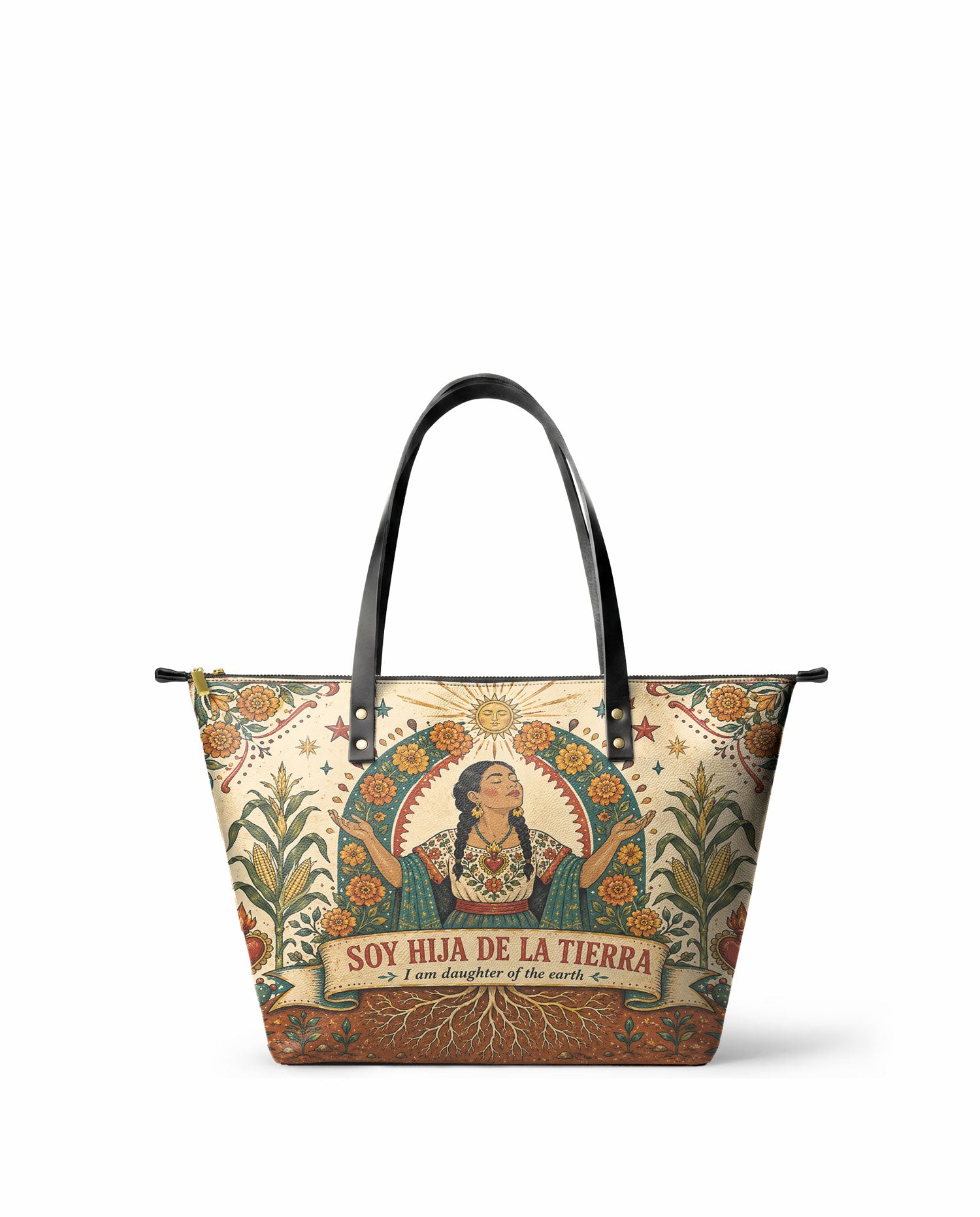 "Soy hija de la tierra" ver.5 Leather Tote Bag - front view | Paleta Bags