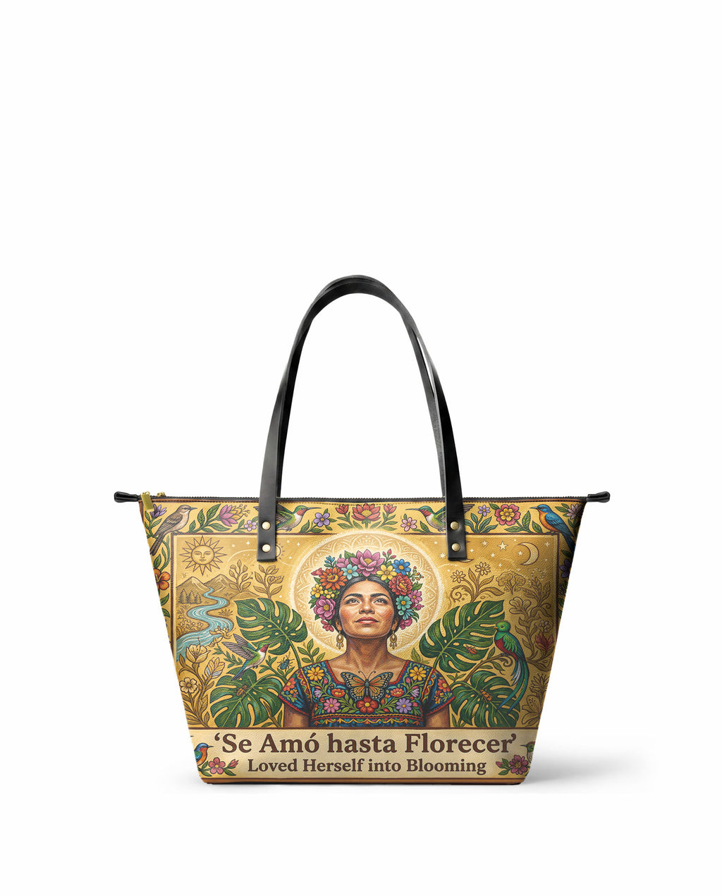 "Se amó hasta florecer" ver.7 Leather Tote Bag - front view | Paleta Bags