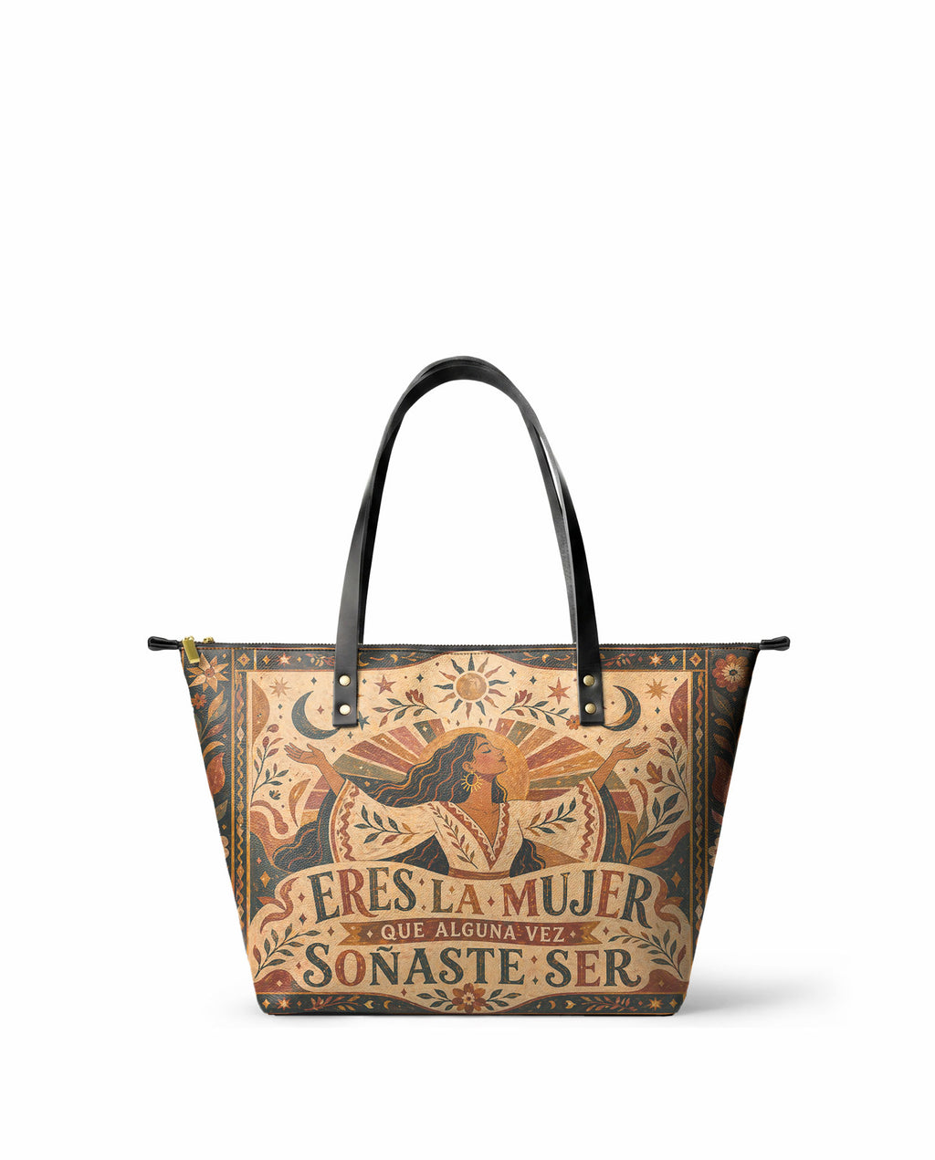 "Eres la mujer que alguna vez soñaste ser" ver.1 Leather Tote Bag - front view | Paleta Bags