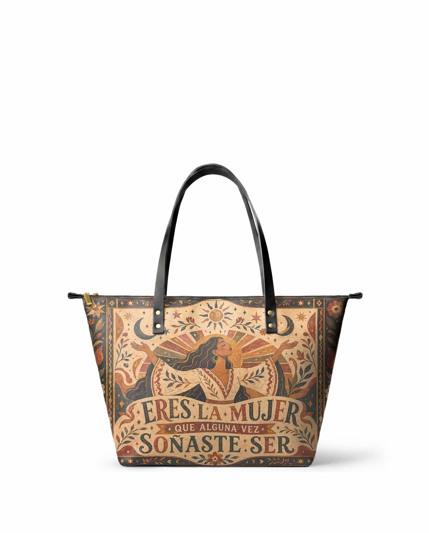 "Eres la mujer que alguna vez soñaste ser" ver.1 Leather Tote Bag - front view | Paleta Bags