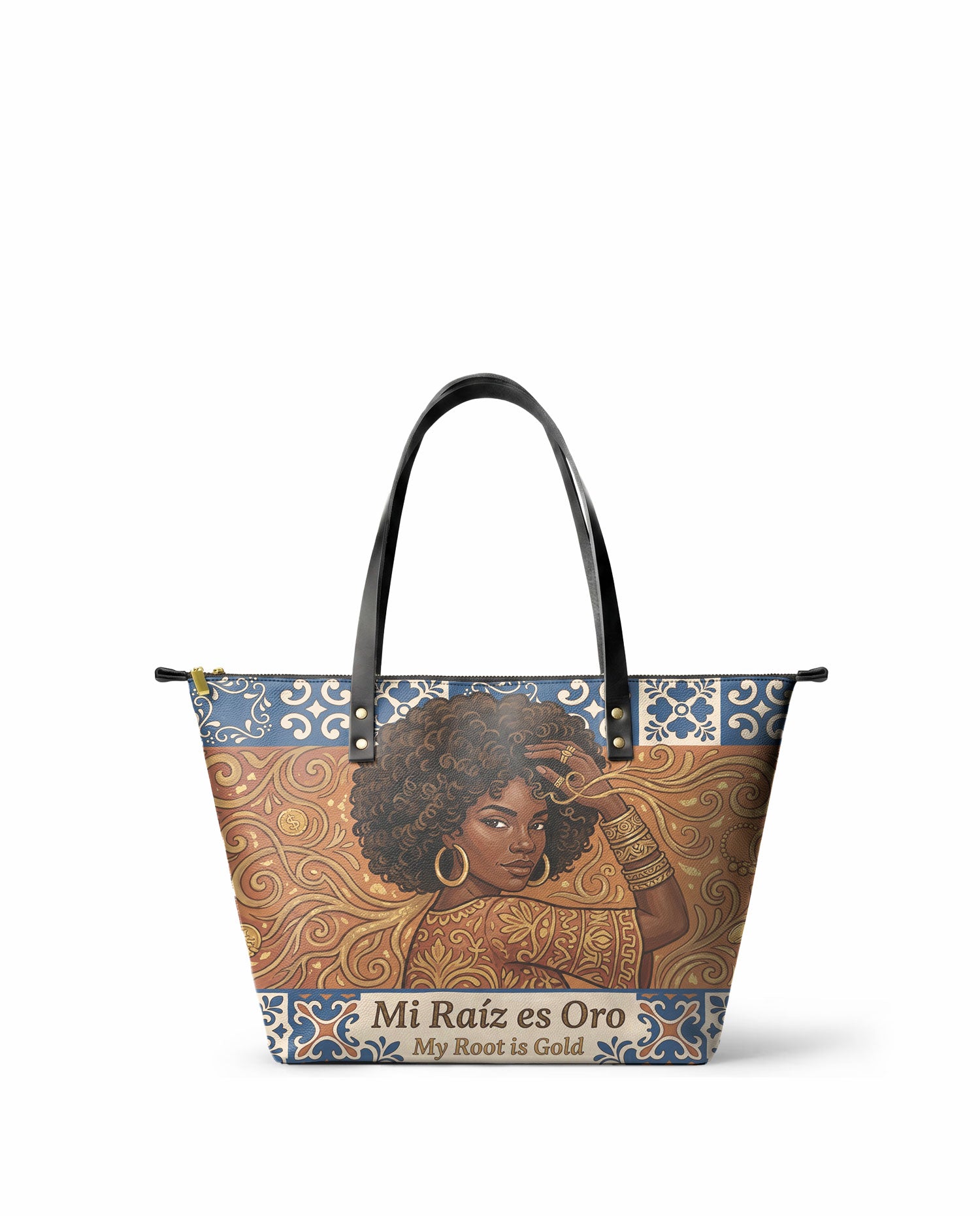 "Mi Raíz es Oro" ver.1 Leather Tote Bag - front view | Paleta Bags