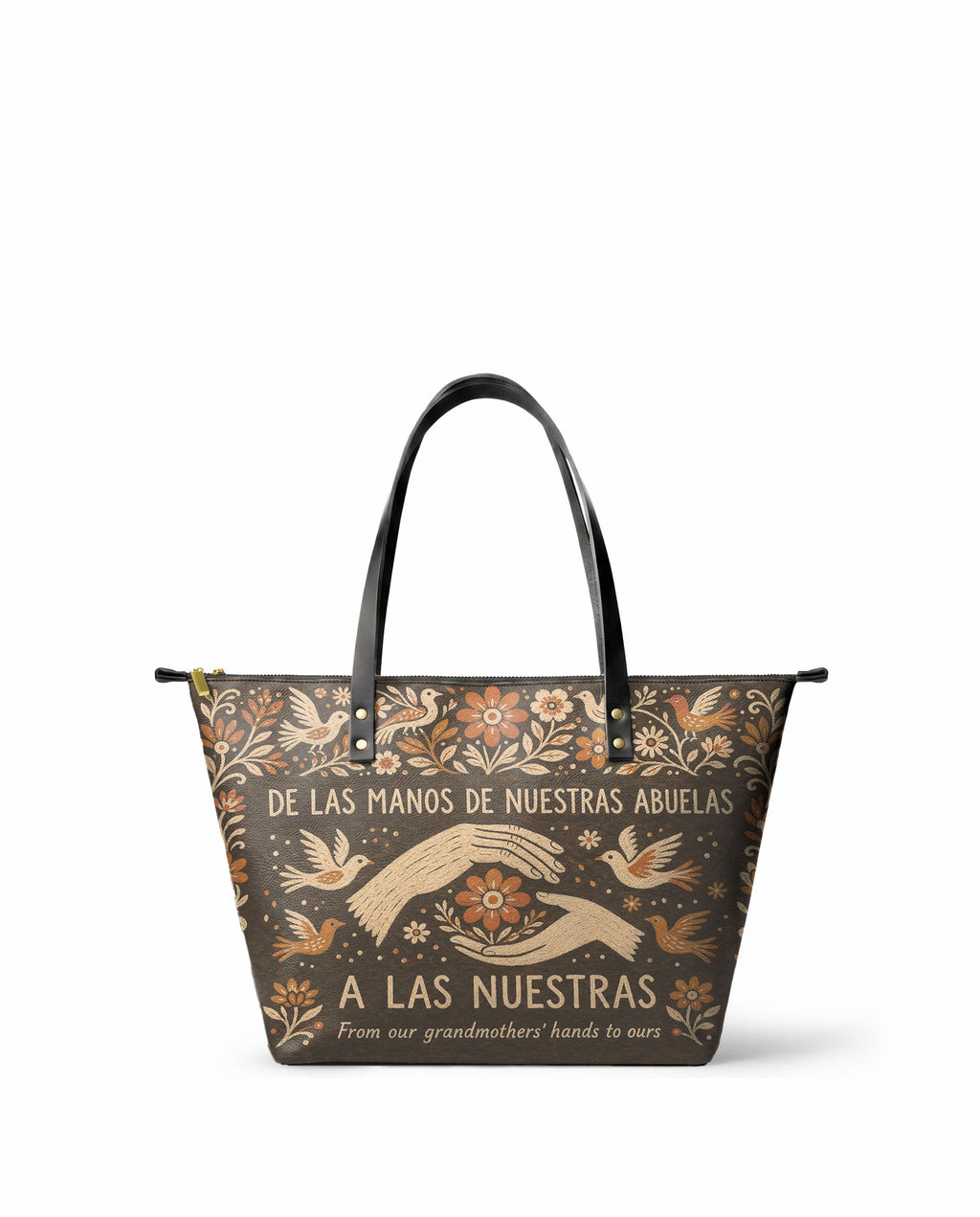 "De las manos de nuestras abuelas a las nuestras" ver.2 Leather Tote Bag - front view | Paleta Bags