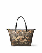"De las manos de nuestras abuelas a las nuestras" ver.2 Leather Tote Bag - front view | Paleta Bags