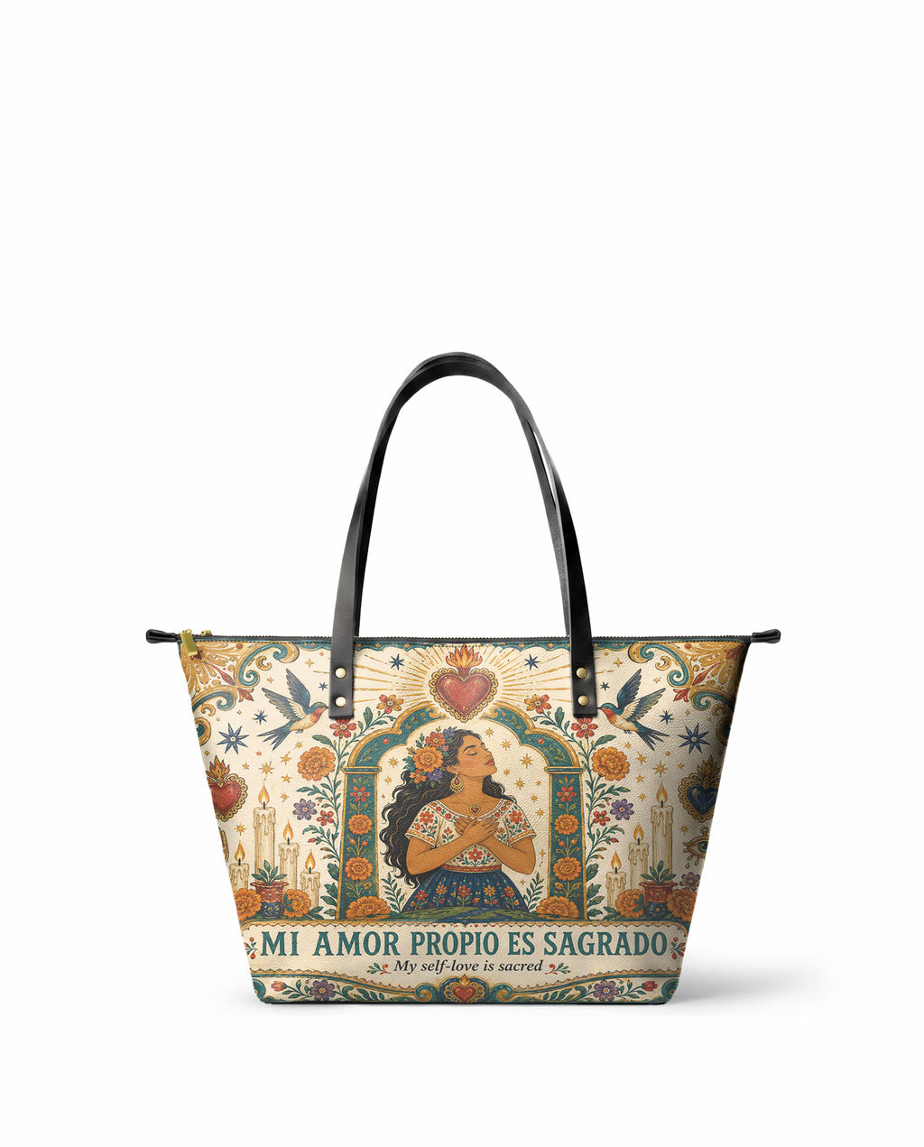 "Mi amor propio es sagrado" ver.1 Leather Tote Bag - front view | Paleta Bags