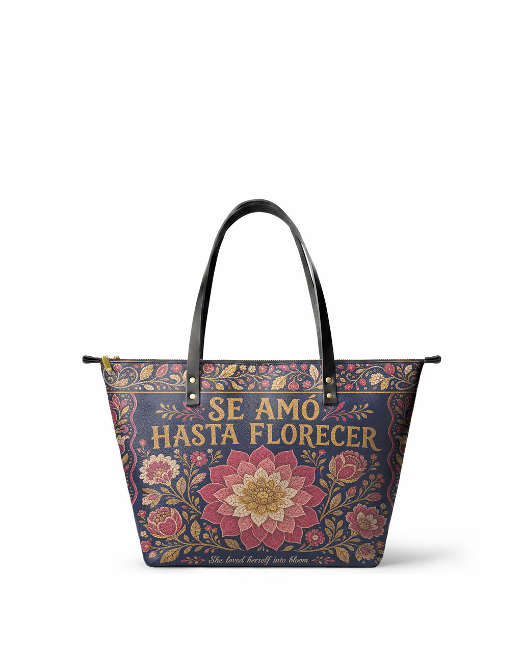 "Se amó hasta florecer" ver.4 Leather Tote Bag - front view | Paleta Bags