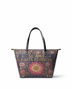 "Se amó hasta florecer" ver.4 Leather Tote Bag - front view | Paleta Bags