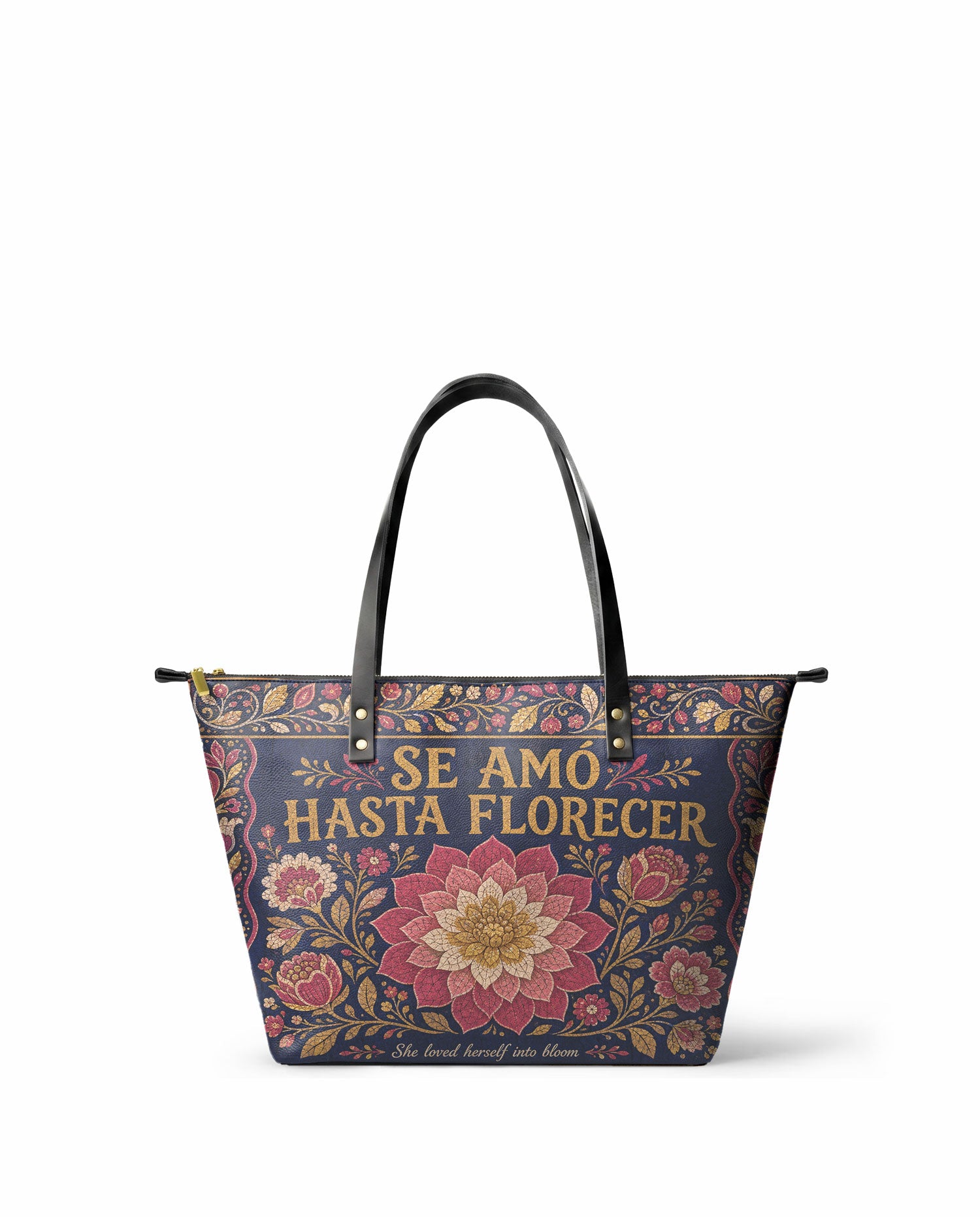"Se amó hasta florecer" ver.4 Leather Tote Bag - front view | Paleta Bags