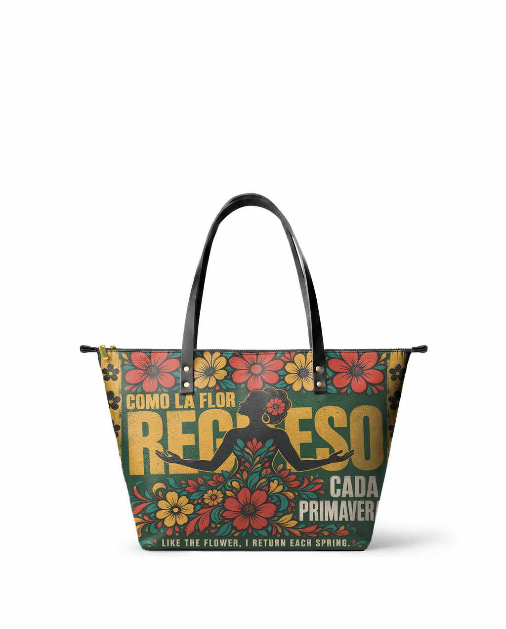 "Como la flor, regreso cada primavera" ver.1 Leather Tote Bag - front view | Paleta Bags