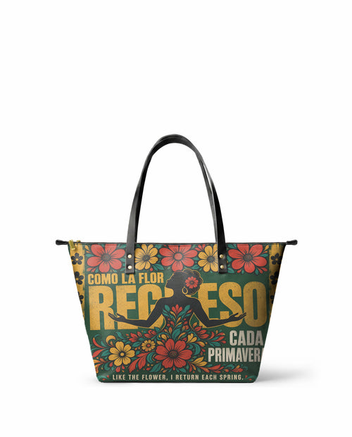 "Como la flor, regreso cada primavera" ver.1 Leather Tote Bag - front view | Paleta Bags