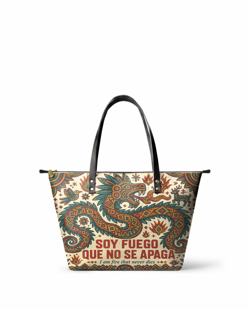 "Soy fuego que no se apaga" ver.2 Leather Tote Bag - front view | Paleta Bags