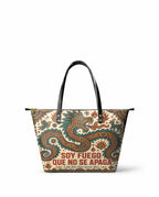 "Soy fuego que no se apaga" ver.2 Leather Tote Bag - front view | Paleta Bags