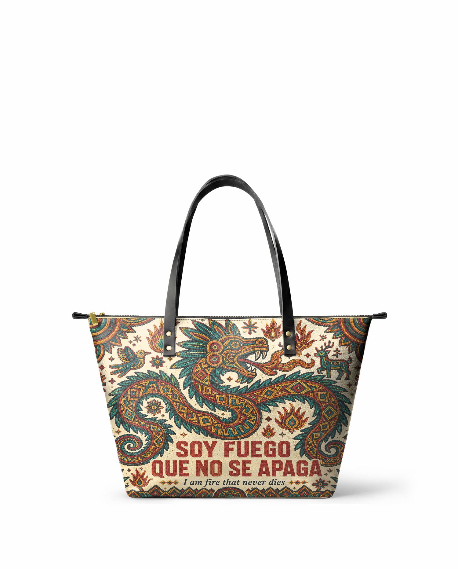 "Soy fuego que no se apaga" ver.2 Leather Tote Bag - front view | Paleta Bags