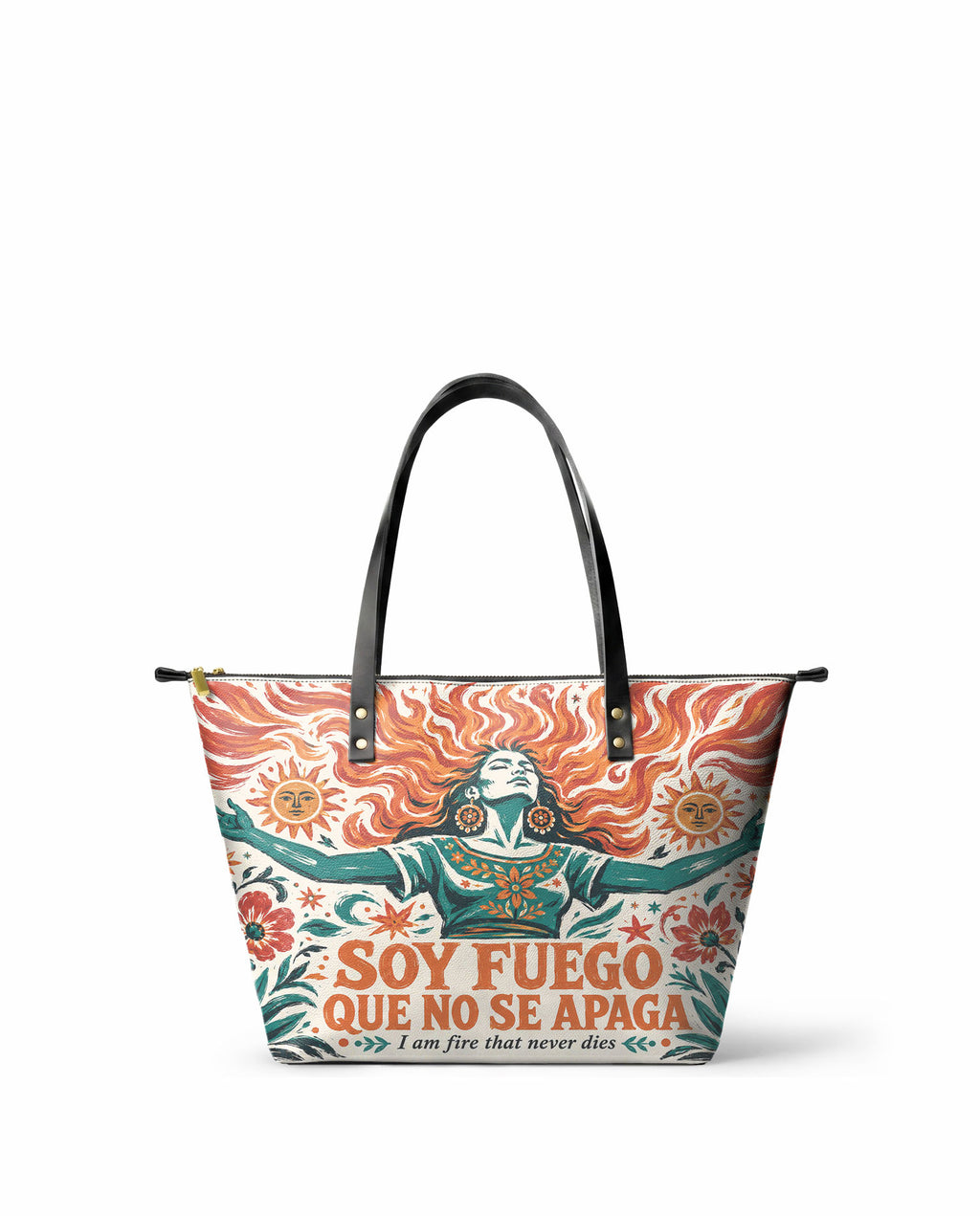 "Soy fuego que no se apaga" ver.4 Leather Tote Bag - front view | Paleta Bags