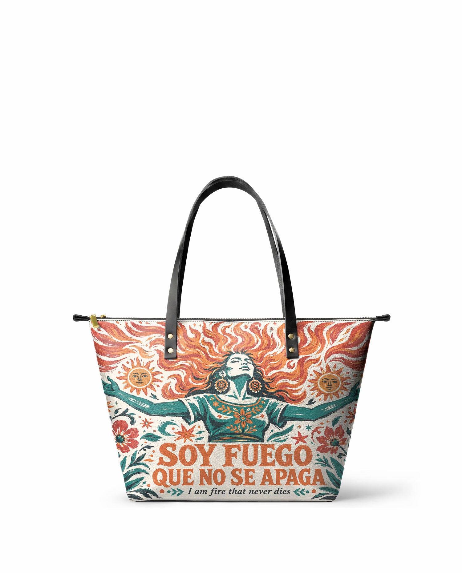 "Soy fuego que no se apaga" ver.4 Leather Tote Bag - front view | Paleta Bags