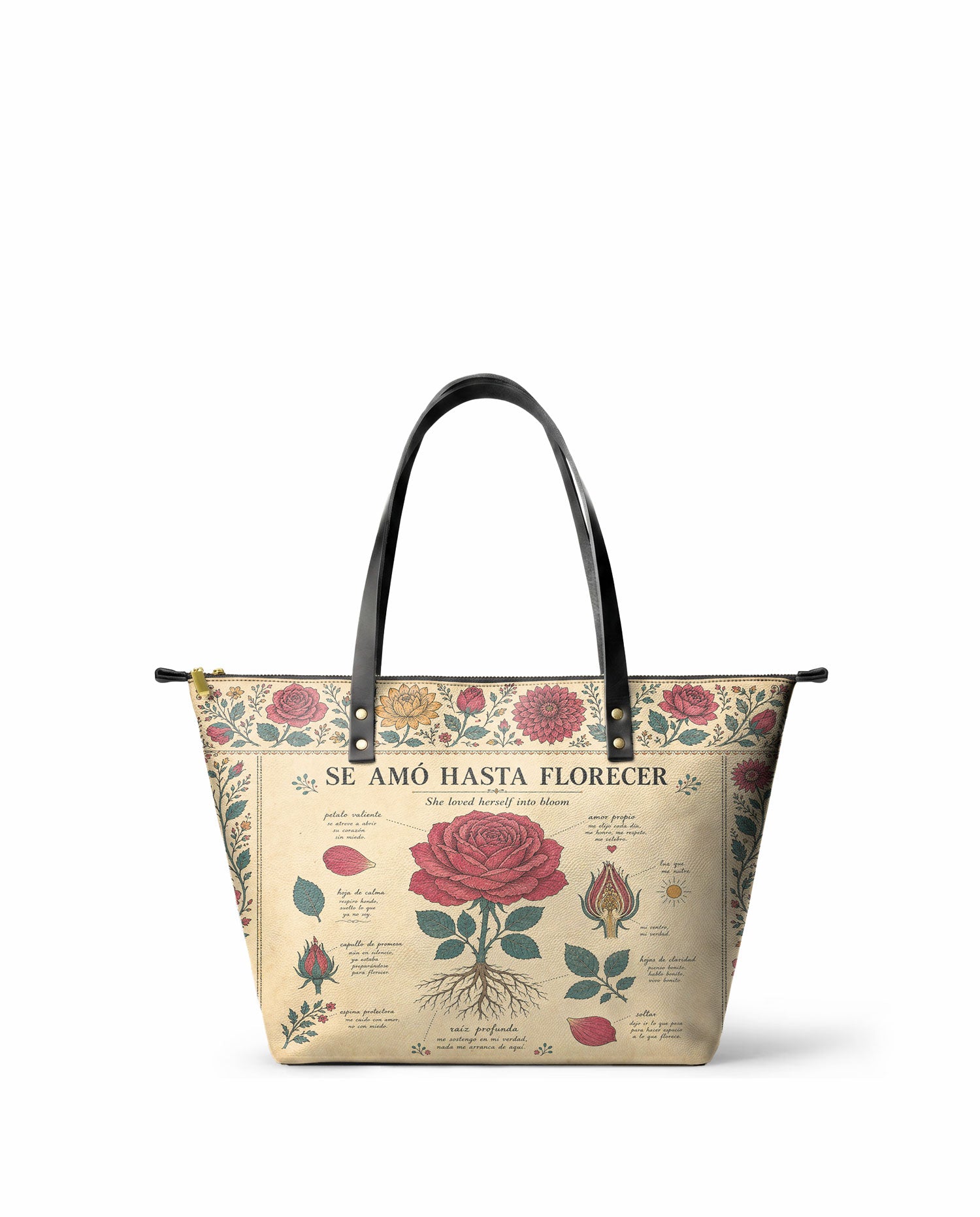 "Se amó hasta florecer" ver.5 Leather Tote Bag - front view | Paleta Bags