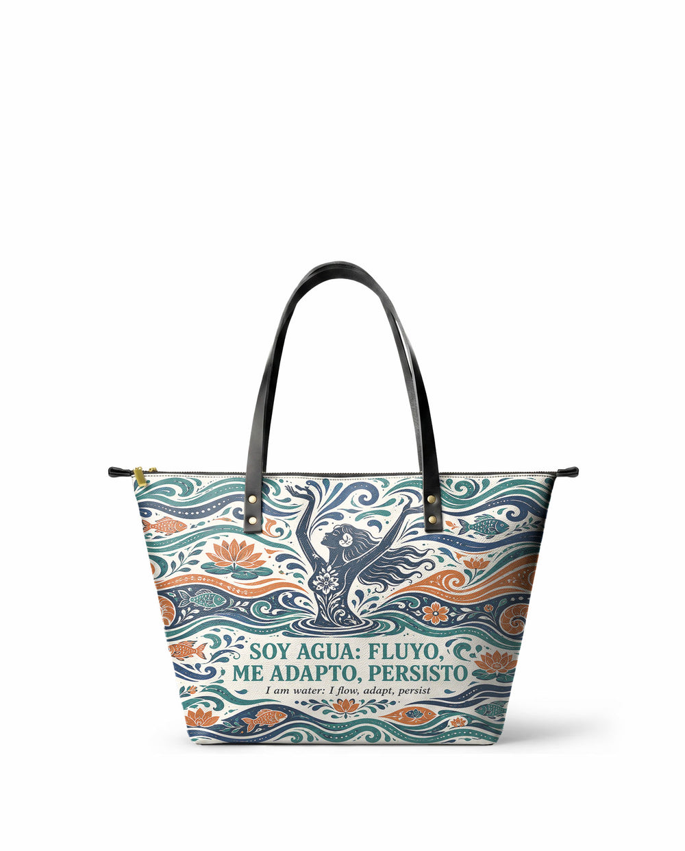 "Soy agua fluyo, me adapto, persisto" ver.1 Leather Tote Bag - front view | Paleta Bags
