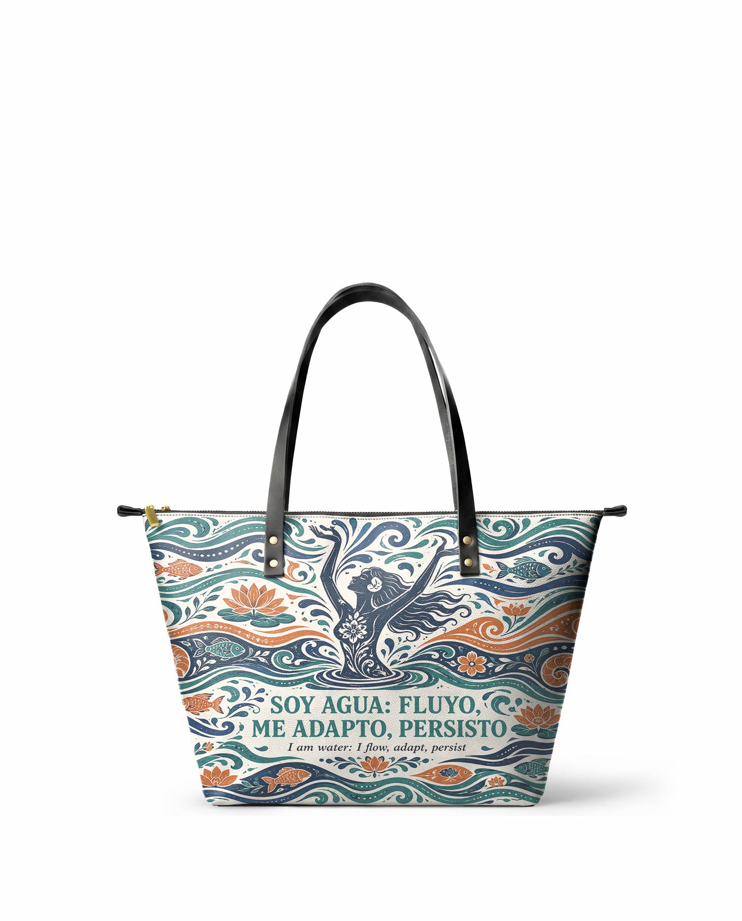 "Soy agua fluyo, me adapto, persisto" ver.1 Leather Tote Bag - front view | Paleta Bags
