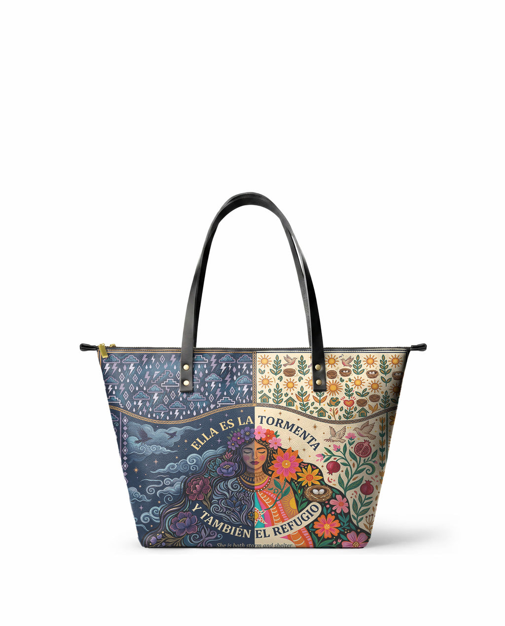 "Ella es la tormenta y también el refugio" ver.1 Leather Tote Bag - front view | Paleta Bags