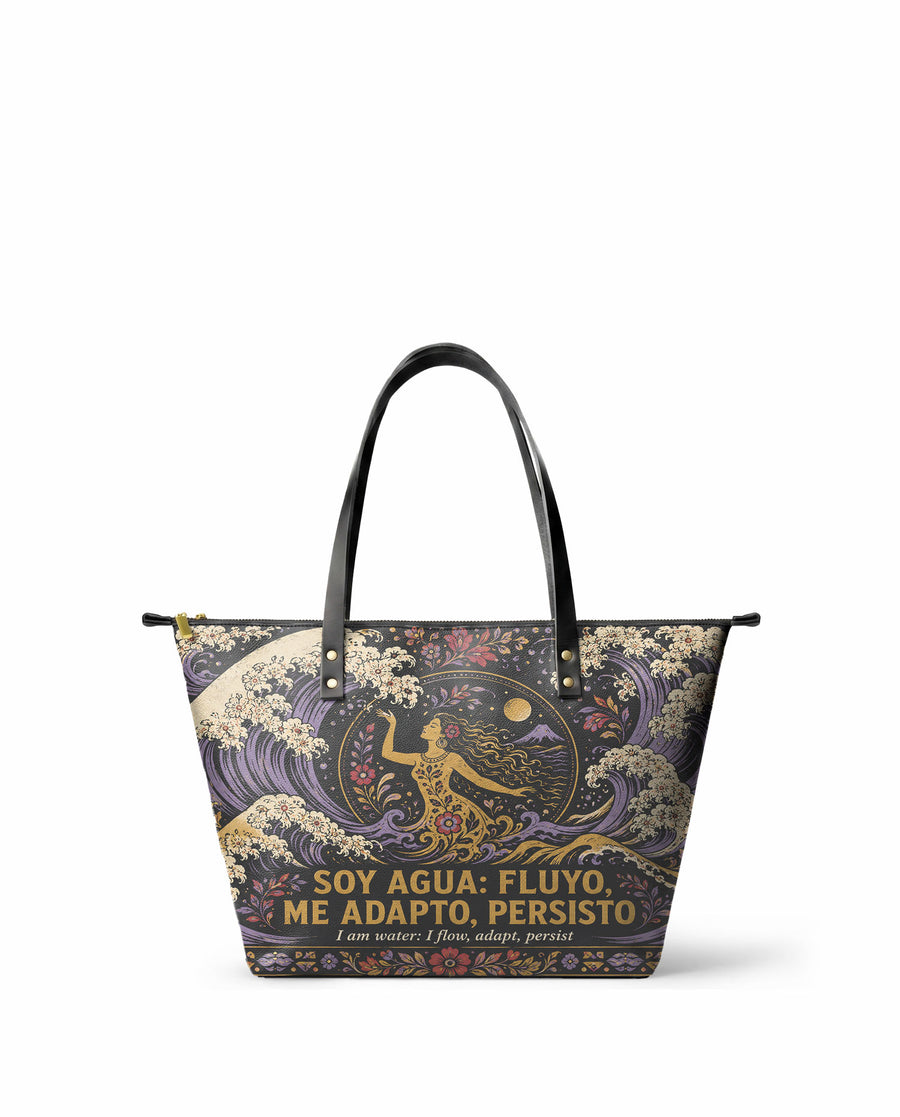 "Soy agua fluyo, me adapto, persisto" ver.2 Leather Tote Bag