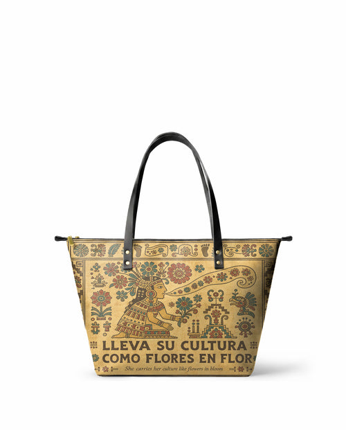 "Lleva su cultura como flores en flor" ver.5 Leather Tote Bag - front view | Paleta Bags