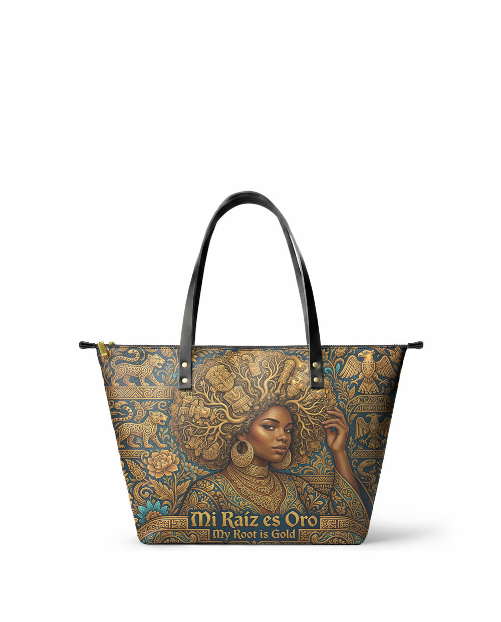 "Mi Raíz es Oro" ver.2 Leather Tote Bag - front view | Paleta Bags