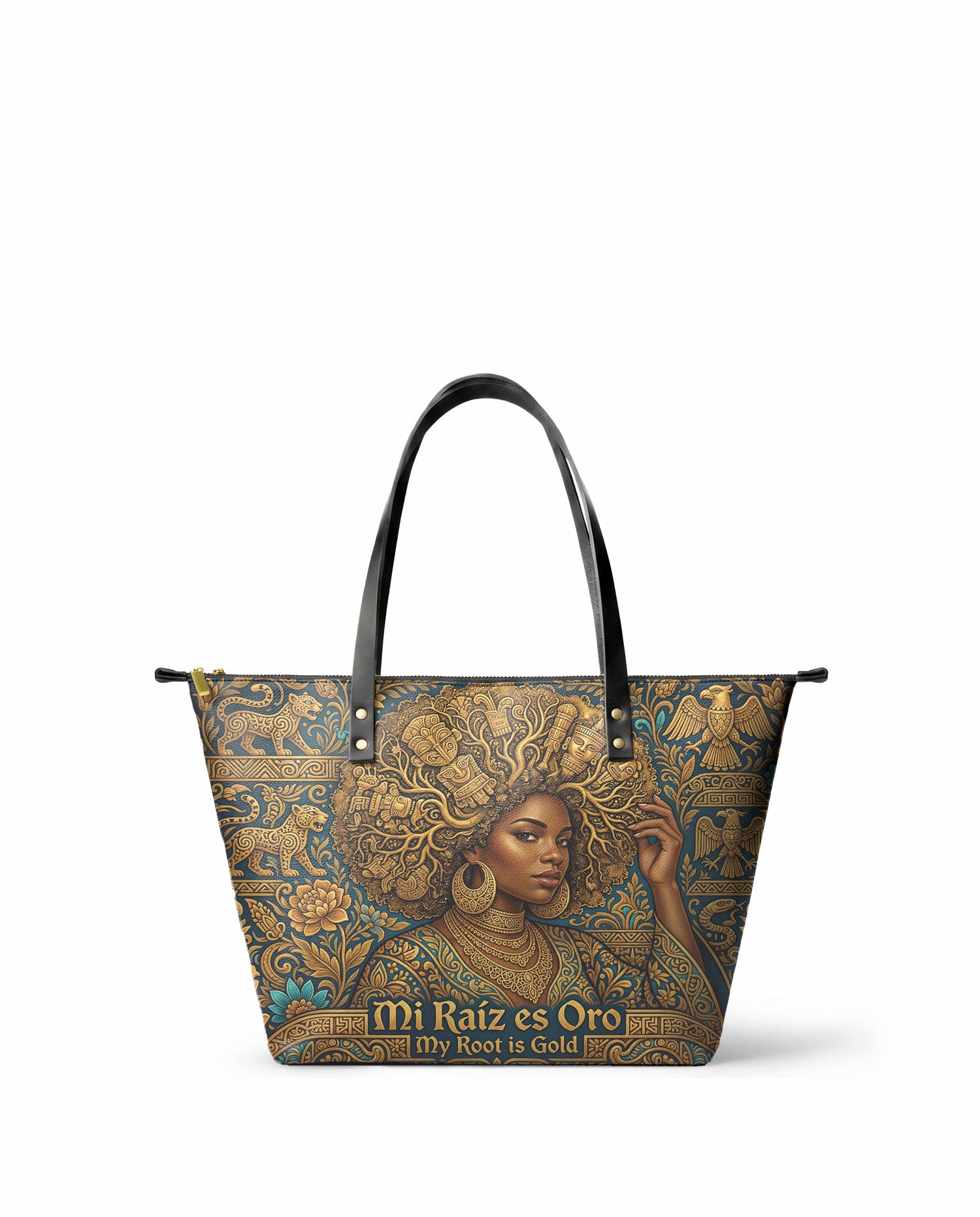 "Mi Raíz es Oro" ver.2 Leather Tote Bag - front view | Paleta Bags