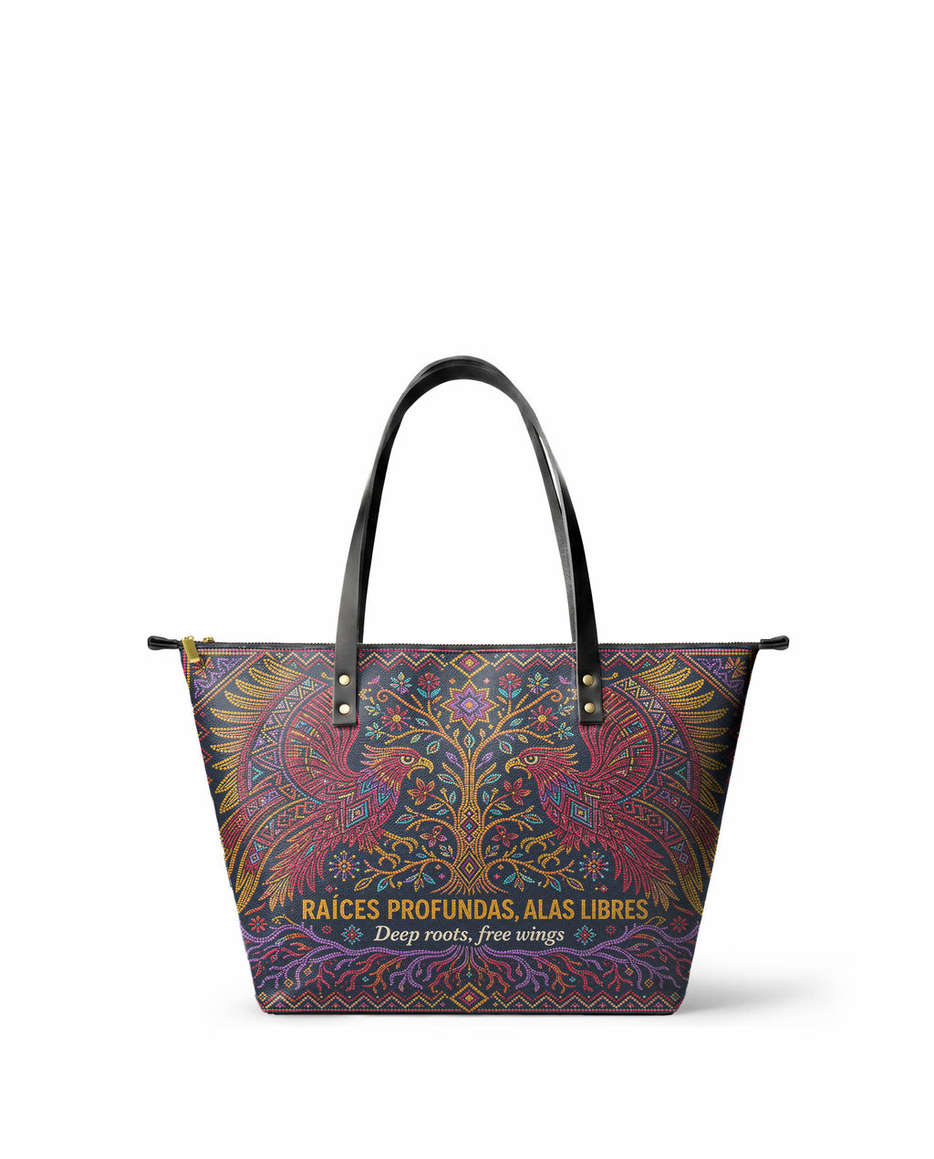 "Raíces profundas, alas libres" ver.1 Leather Tote Bag - front view | Paleta Bags