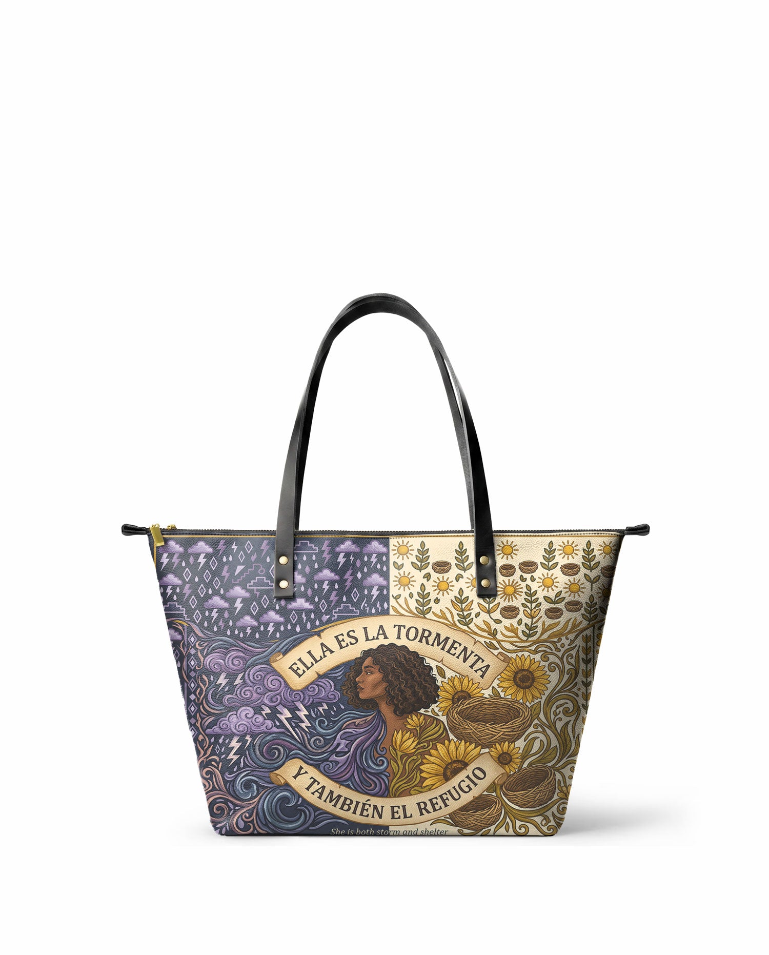 "Ella es la tormenta y también el refugio" ver.2 Leather Tote Bag - front view | Paleta Bags