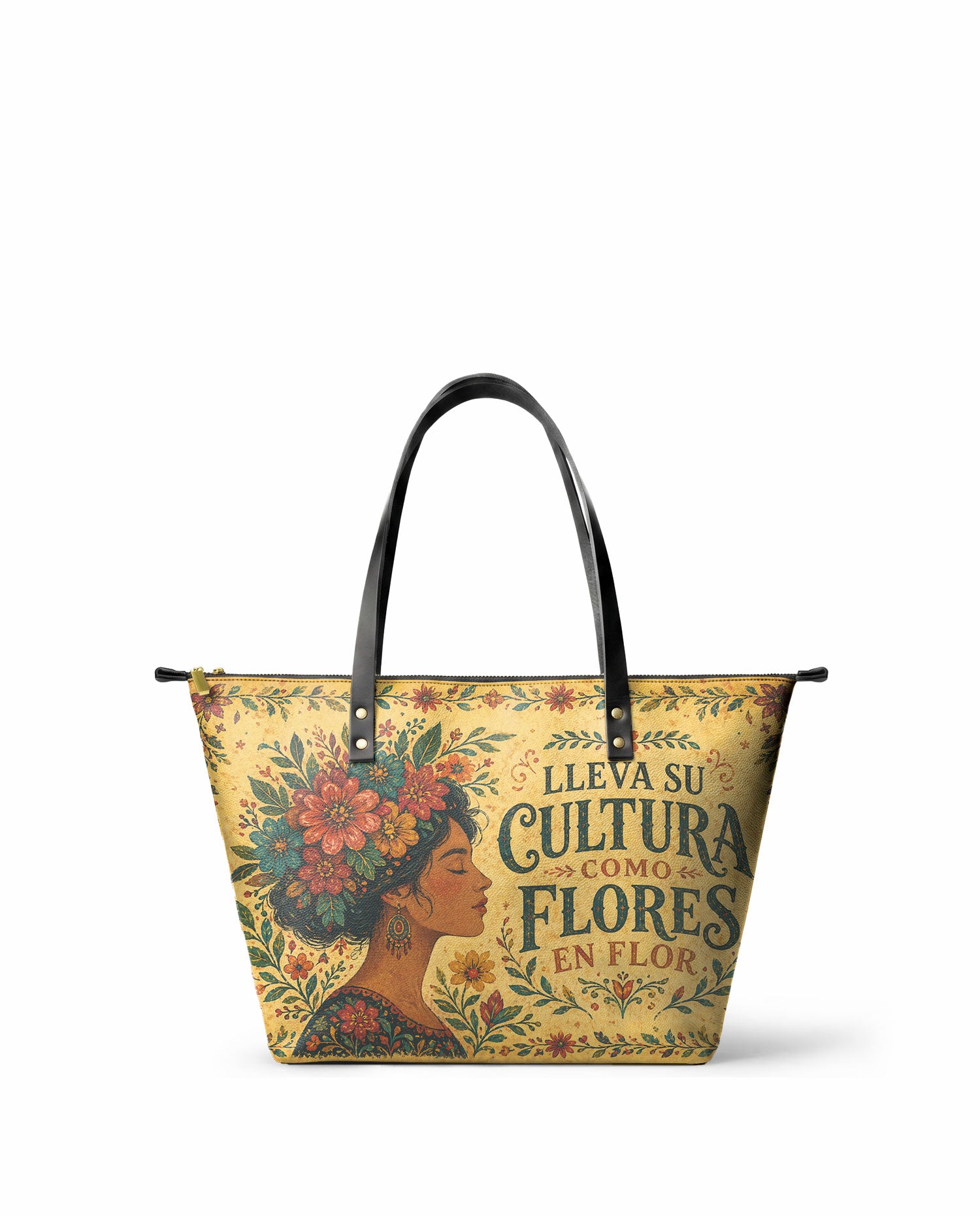 "Lleva su cultura como flores en flor" ver.1 Leather Tote Bag - front view | Paleta Bags