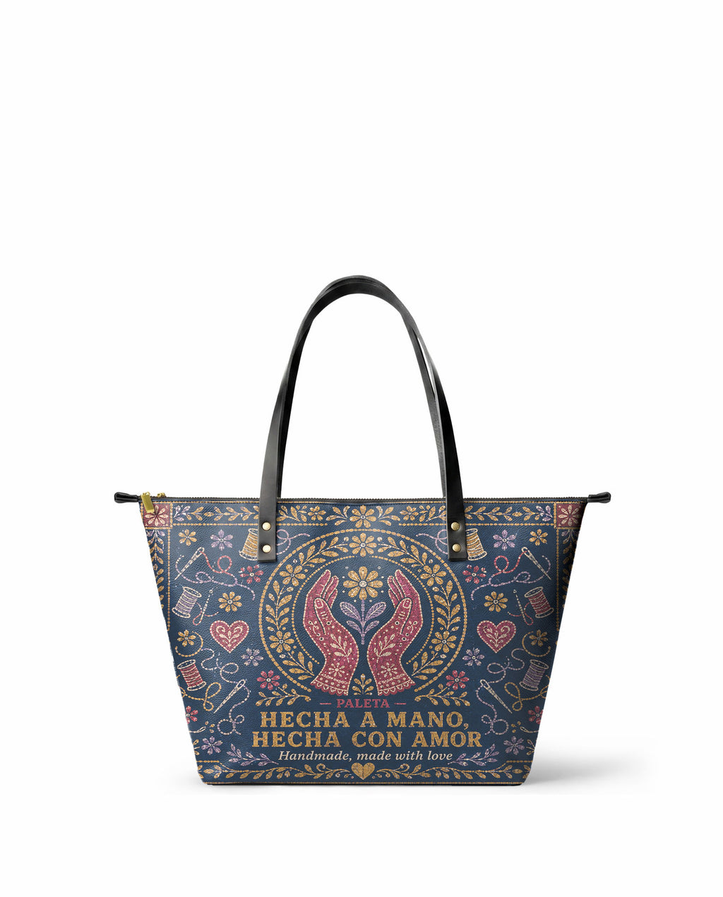 "Hecha a mano, hecha con amor" ver.4 Leather Tote Bag - front view | Paleta Bags